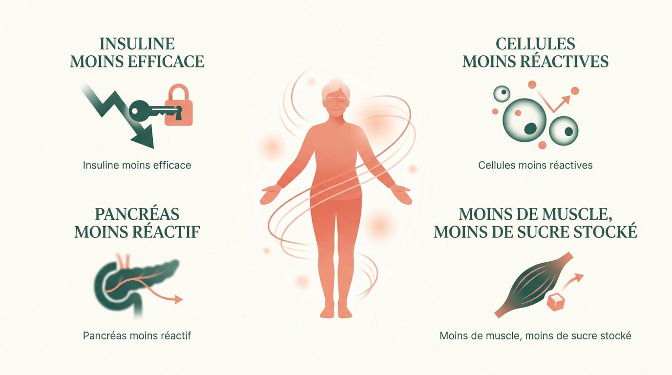 Schéma expliquant les mécanismes du vieillissement sur la régulation du glucose chez le senior