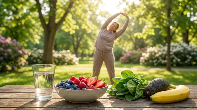 Une femme s'étire dans un parc ensoleillé, avec des fruits, des légumes et un verre d'eau sur une table en bois.