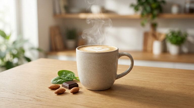 Une tasse de café fumant accompagnée d'amandes, de chocolat noir et de feuilles d'épinard sur une table en bois.