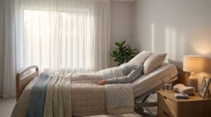 Personne alitée dans un lit médicalisé dans une chambre lumineuse et apaisante avec du mobilier en bois.
