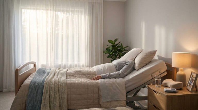 Personne alitée dans un lit médicalisé dans une chambre lumineuse et apaisante avec du mobilier en bois.