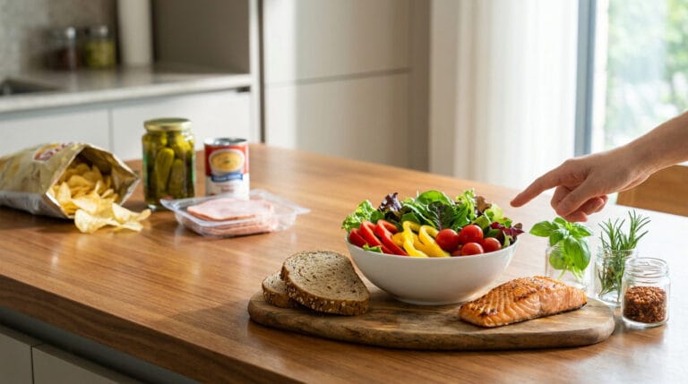 Une main pointe vers une salade saine à côté d'aliments transformés salés sur une table de cuisine.