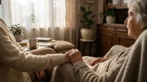 Une personne âgée assise dans un fauteuil tient la main d'un proche dans un salon chaleureux et lumineux.
