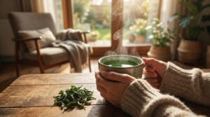 Mains tenant une tasse de thé vert fumant sur une table en bois avec des feuilles de thé en vrac en arrière-plan.