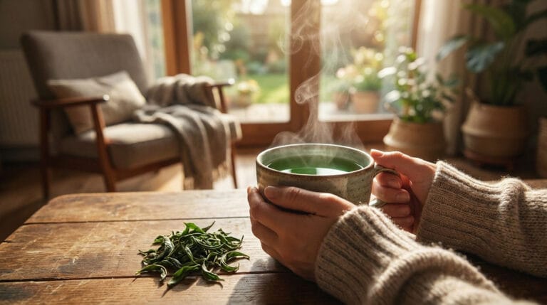 Mains tenant une tasse de thé vert fumant sur une table en bois avec des feuilles de thé en vrac en arrière-plan.