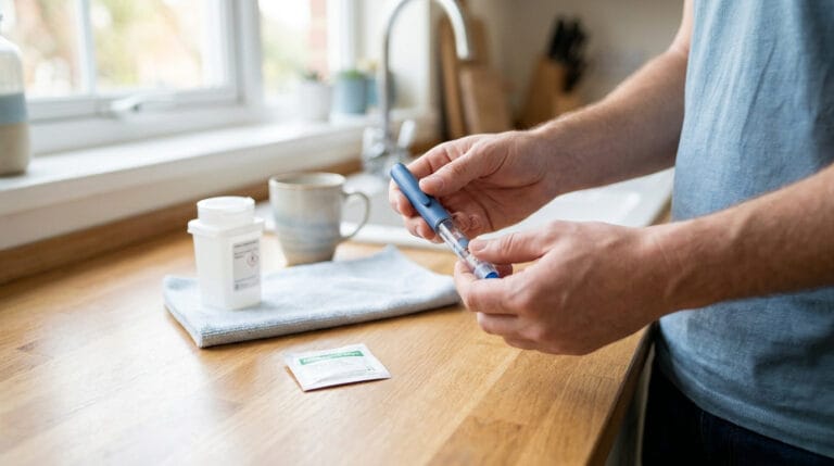 Un homme se préparant à une injection d'anticoagulant avec un stylo injecteur sur un comptoir de cuisine.