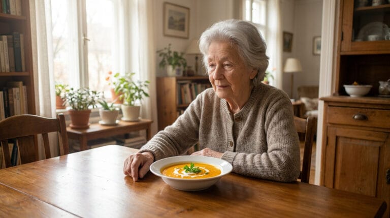 Une dame âgée assise seule à une table en bois devant un bol de soupe, semblant peu disposée à manger.