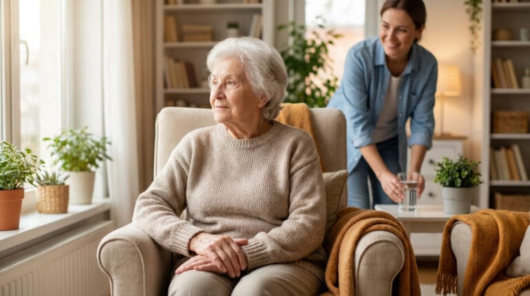 Une femme âgée assise dans un fauteuil, regardant par la fenêtre, avec une aide-soignante lui apportant un verre d'eau.