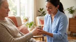 Une infirmière souriante mesure le taux d'oxygène d'une femme âgée avec un oxymètre de pouls à son domicile.