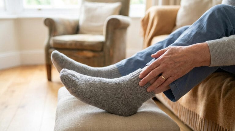 Une personne âgée examine ses chevilles gonflées en portant des chaussettes grises sur un repose-pieds.