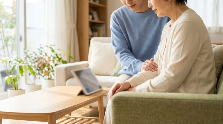 Un jeune homme réconforte une personne âgée assise dans un salon lumineux, utilisant une tablette.