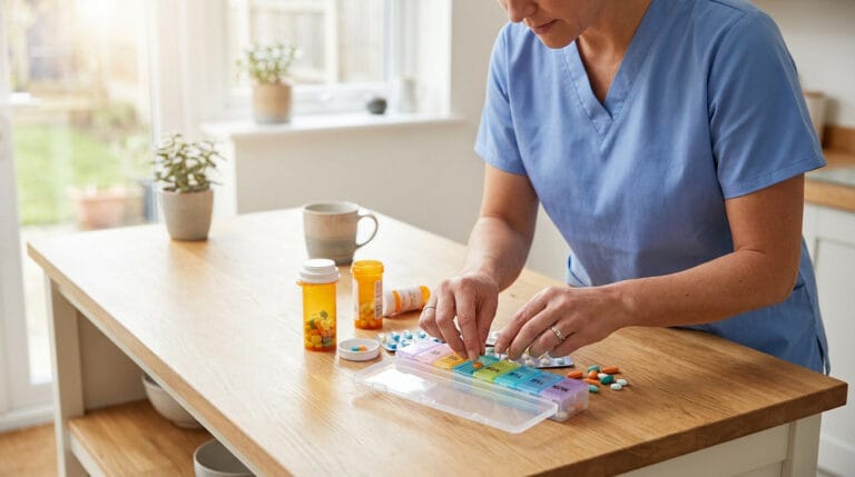 Une infirmière en tenue bleue prépare méticuleusement un pilulier hebdomadaire sur une table en bois.