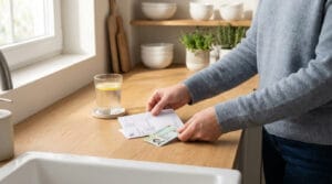 Une personne tenant une ordonnance médicale et une carte d'identité belge dans une cuisine lumineuse.