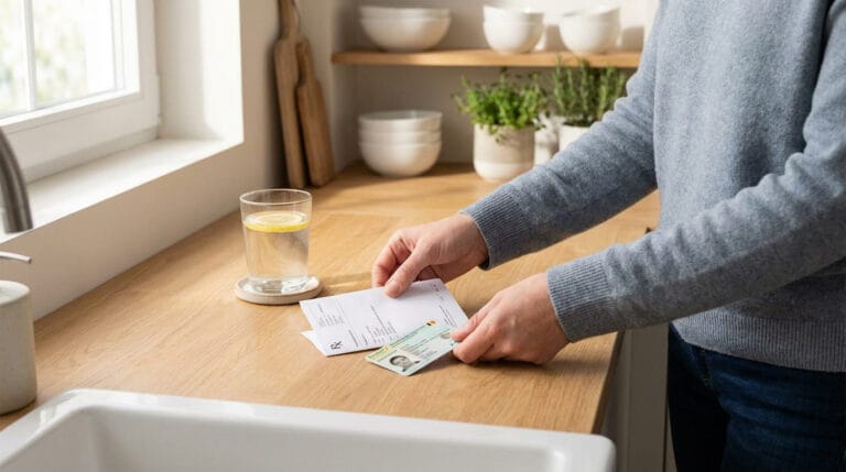 Une personne tenant une ordonnance médicale et une carte d'identité belge dans une cuisine lumineuse.