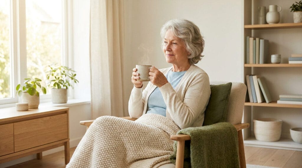 Une femme âgée sereine assise dans un fauteuil, tenant une tasse chaude, avec une couverture sur les jambes.