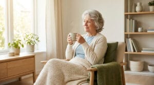 Une femme âgée sereine assise dans un fauteuil, tenant une tasse chaude, avec une couverture sur les jambes.