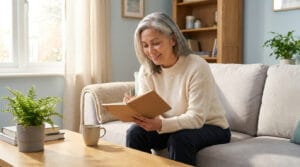 Une femme âgée aux cheveux gris sourit en écrivant dans un carnet assise sur un canapé dans un salon lumineux.