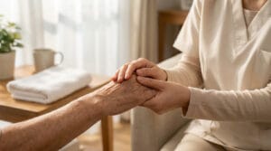 Un soignant tient avec douceur les mains d'une personne âgée, symbolisant le soutien et l'aide à domicile.