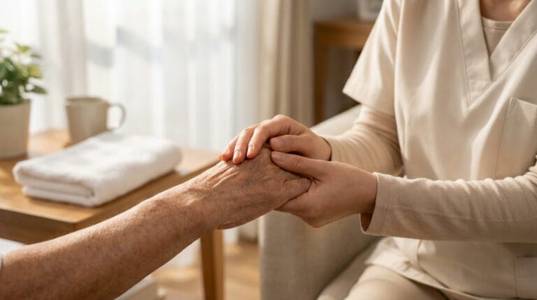 Un soignant tient avec douceur les mains d'une personne âgée, symbolisant le soutien et l'aide à domicile.