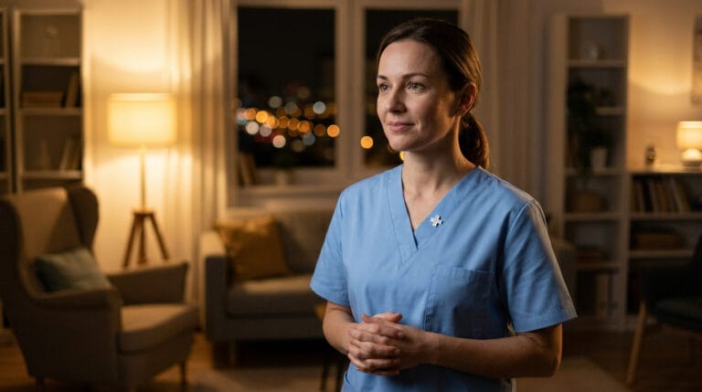 Infirmière souriante en uniforme bleu travaillant de nuit dans un salon chaleureux et confortable.