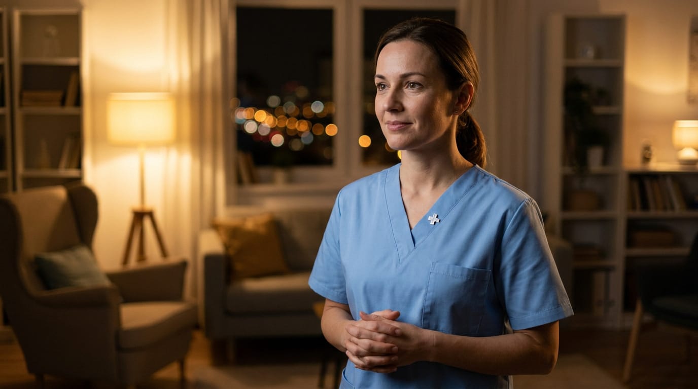 Infirmière souriante en uniforme bleu travaillant de nuit dans un salon chaleureux et confortable.