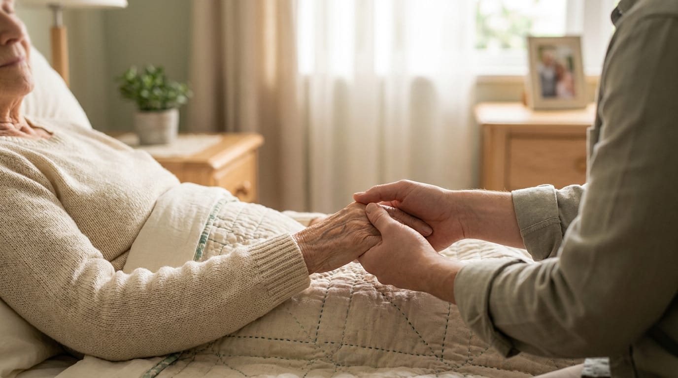 Une personne tient la main d'une femme âgée alitée pour lui apporter du réconfort.