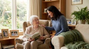 Une aidante bienveillante pose sa main sur l'épaule d'une dame âgée qui lit un livre dans un salon lumineux.