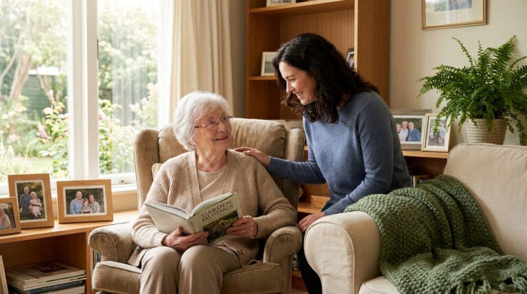 Une aidante bienveillante pose sa main sur l'épaule d'une dame âgée qui lit un livre dans un salon lumineux.