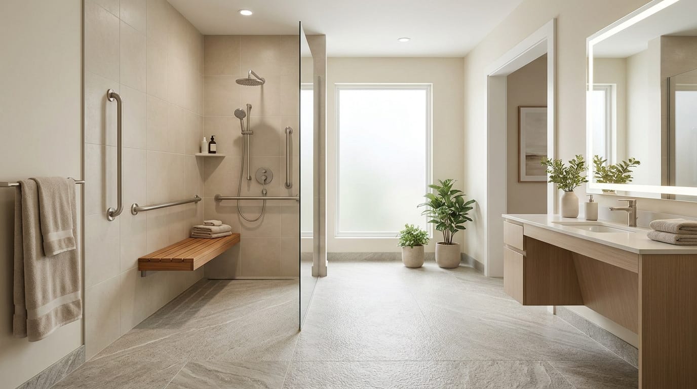 Salle de bain moderne avec douche à l'italienne, barres d'appui, banc en bois et meuble vasque suspendu.