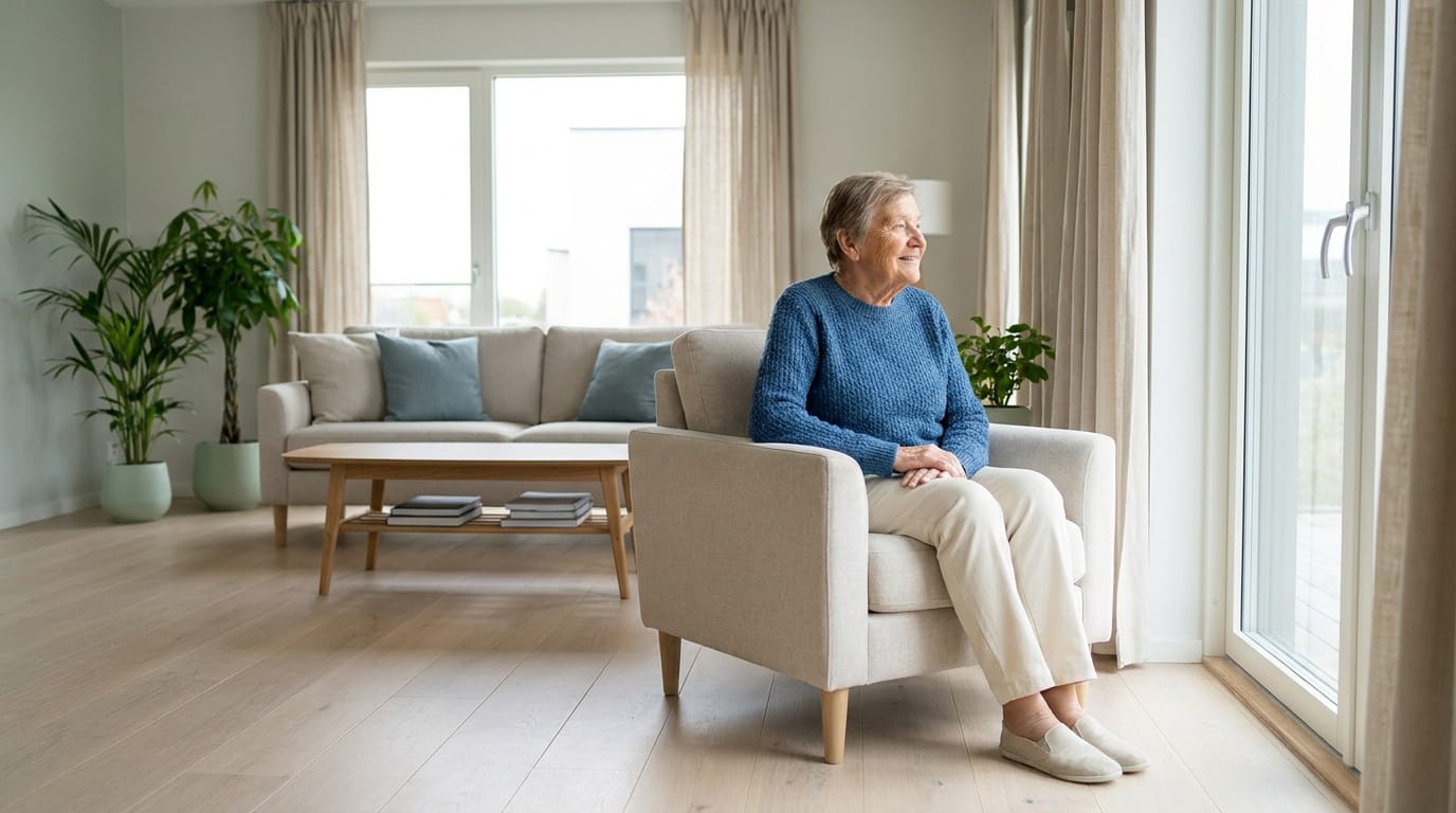 Une femme âgée souriante assise dans un fauteuil confortable dans un salon lumineux.