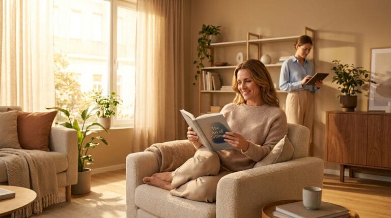 Une femme lit un livre dans un fauteuil tandis qu'une infirmière utilise une tablette en arrière-plan à la maison.