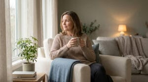 Une femme pensive assise dans un fauteuil confortable, tenant une tasse près d'une fenêtre dans un salon serein.