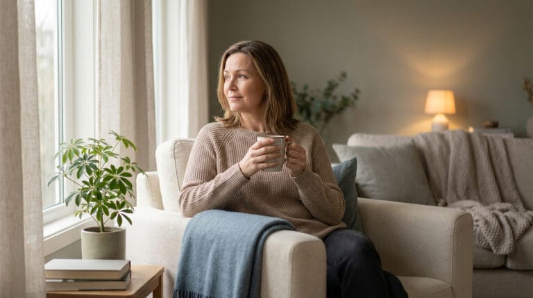 Une femme pensive assise dans un fauteuil confortable, tenant une tasse près d'une fenêtre dans un salon serein.