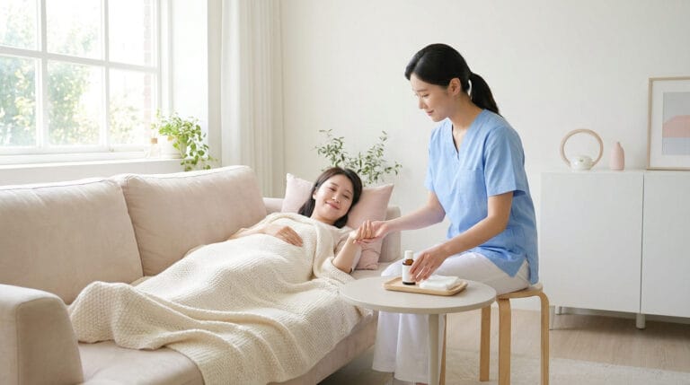 Une infirmière en tenue bleue prend soin d'une patiente allongée confortablement sur un canapé dans un salon lumineux.