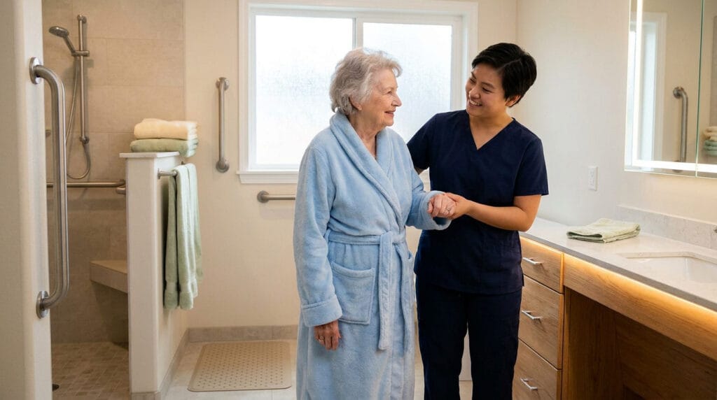 Une aide-soignante accompagne une femme âgée en peignoir dans une salle de bain accessible et sécurisée.