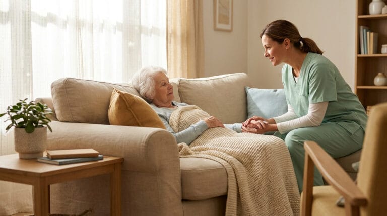 Une infirmière en tenue médicale tient la main d'une femme âgée reposant sur un canapé, dans une atmosphère chaleureuse.