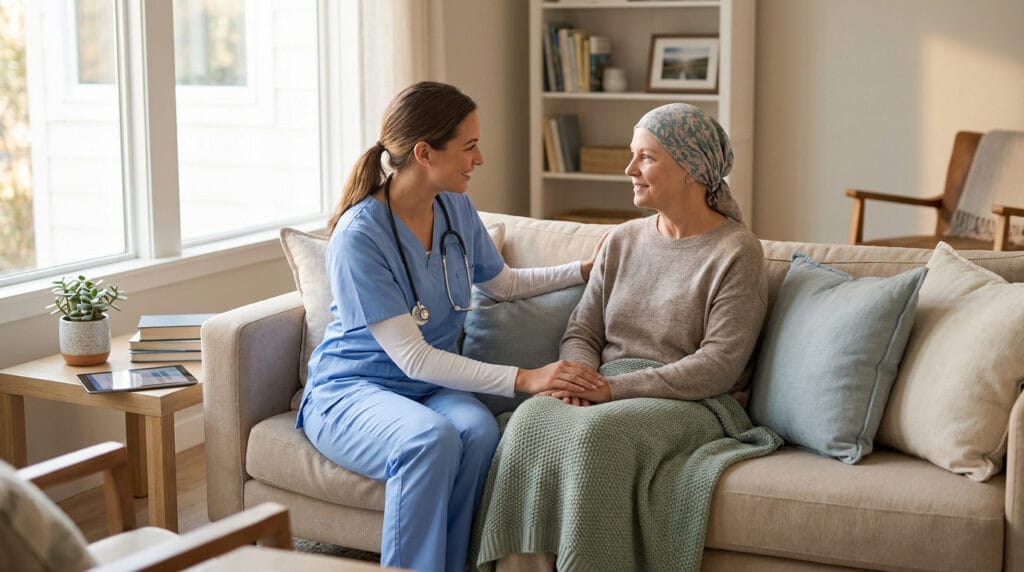 Une infirmière bienveillante assise sur un canapé avec une patiente atteinte d'un cancer en traitement à domicile.