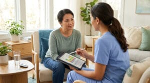 Une infirmière discute des données de santé sur une tablette avec une patiente dans un salon lumineux.