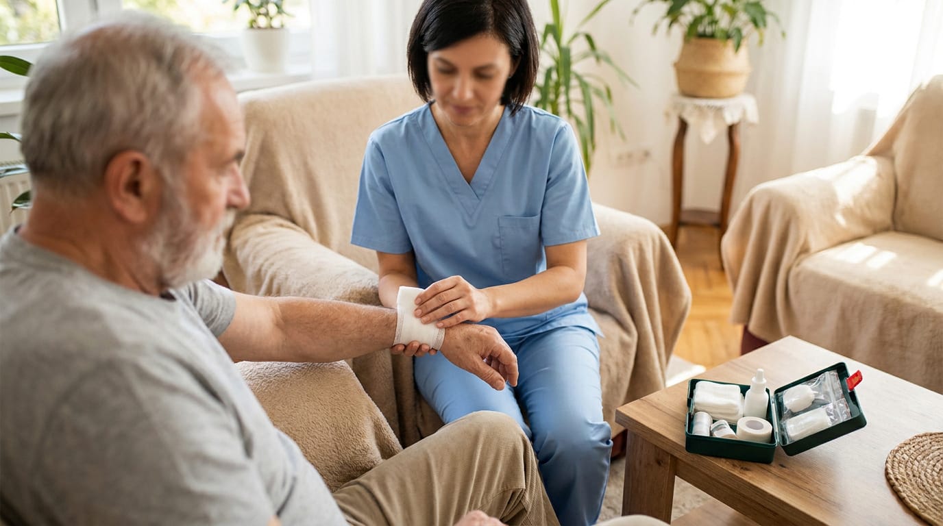 Une infirmière en tenue bleue panse le bras d'un patient âgé assis dans un salon confortable.