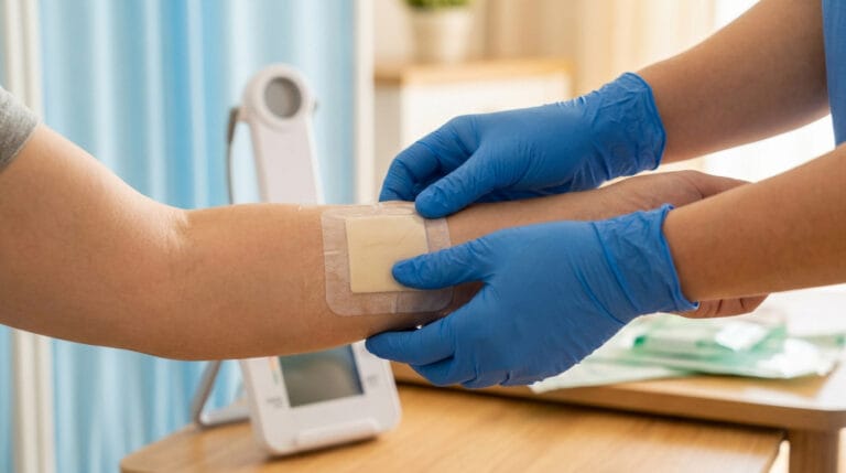 Un professionnel de santé portant des gants bleus applique un pansement stérile sur l'avant-bras d'un patient.