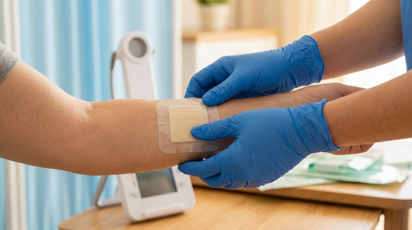 Un professionnel de santé portant des gants bleus applique un pansement stérile sur l'avant-bras d'un patient.