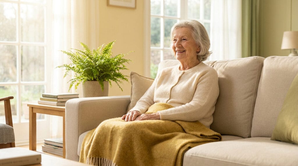 Une femme âgée souriante assise sur un canapé confortable avec un plaid jaune, dans un salon lumineux.