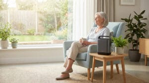 Une femme âgée assise dans un fauteuil, utilisant un concentrateur d'oxygène portable dans un salon lumineux.