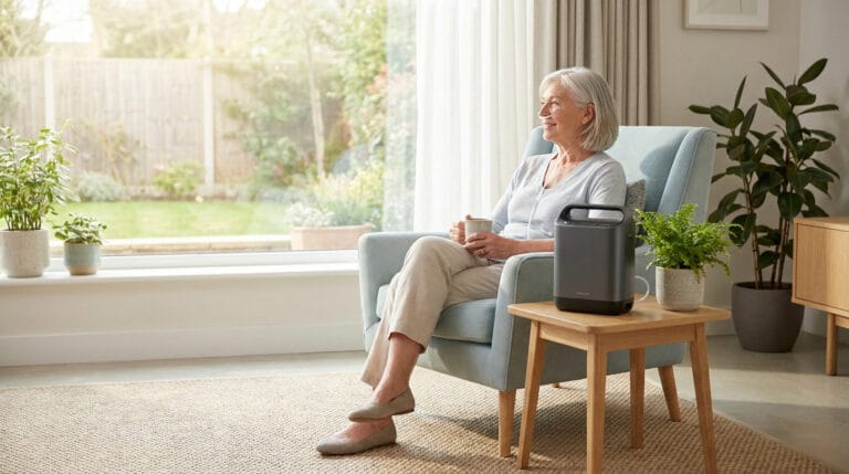 Une femme âgée assise dans un fauteuil, utilisant un concentrateur d'oxygène portable dans un salon lumineux.