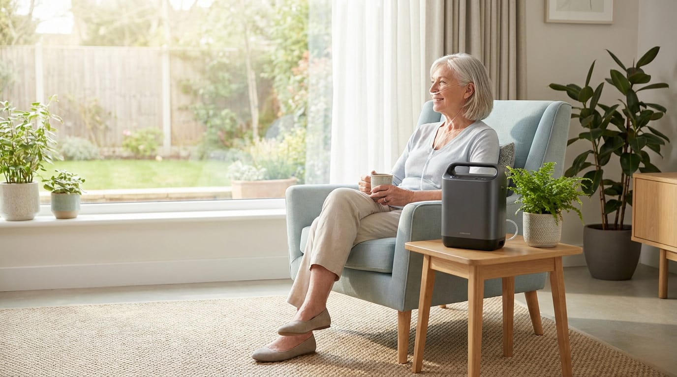 Une femme âgée assise dans un fauteuil, utilisant un concentrateur d'oxygène portable dans un salon lumineux.