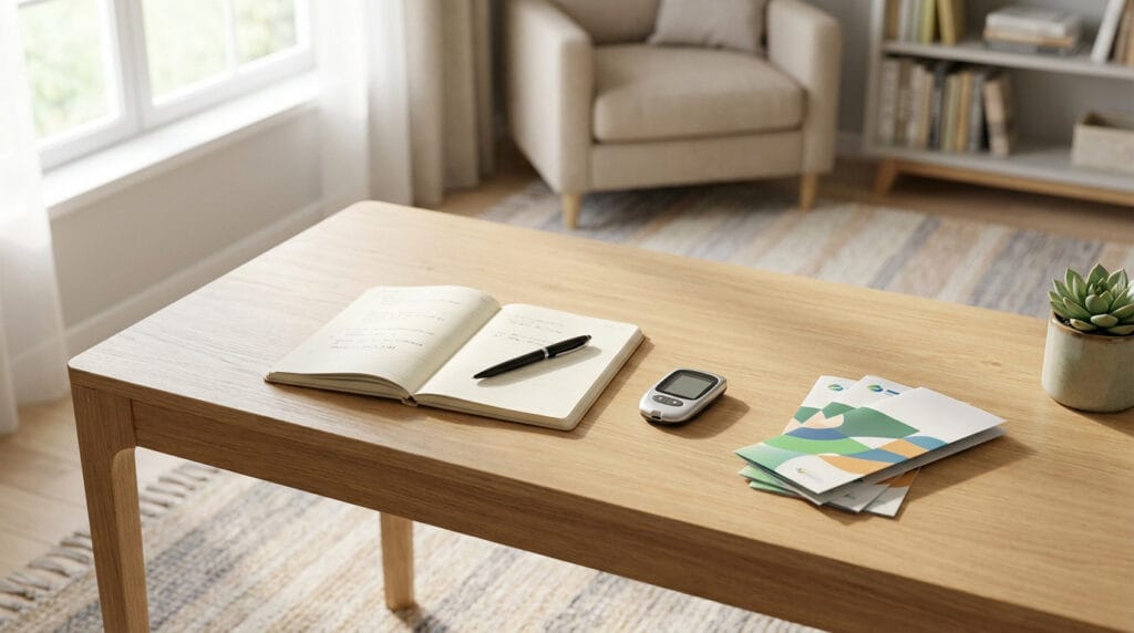 Table en bois avec un carnet de notes, un stylo, un lecteur de glycémie et des brochures médicales.
