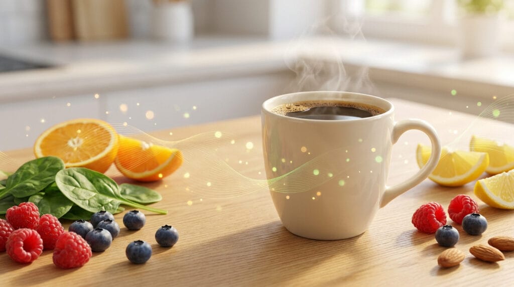 Une tasse de café fumante entourée de fruits frais, baies, épinards et amandes sur une table en bois lumineuse.