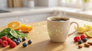 Une tasse de café fumante entourée de fruits frais, baies, épinards et amandes sur une table en bois lumineuse.