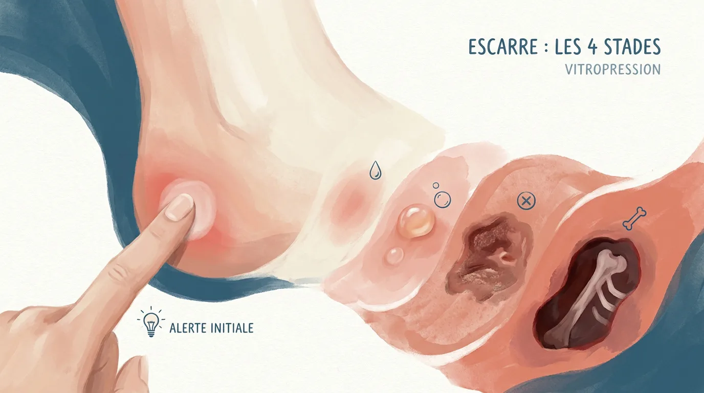 Schéma des 4 stades de l'escarre et test de la vitropression au talon