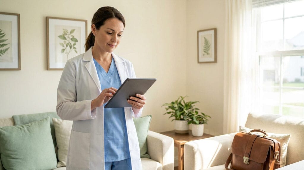 Une infirmière en blouse blanche utilisant une tablette numérique dans un salon lumineux avec son sac de travail.